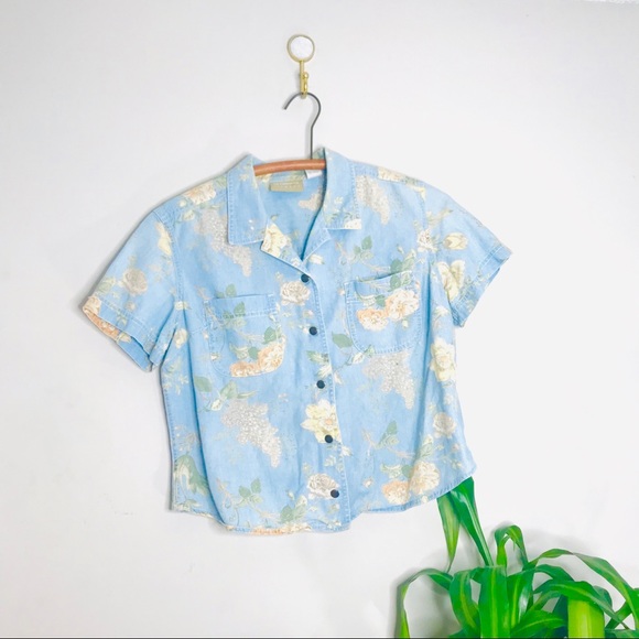 VTG 90’s Floral Chambray Crop Button Up Popover - Picture 3 of 7